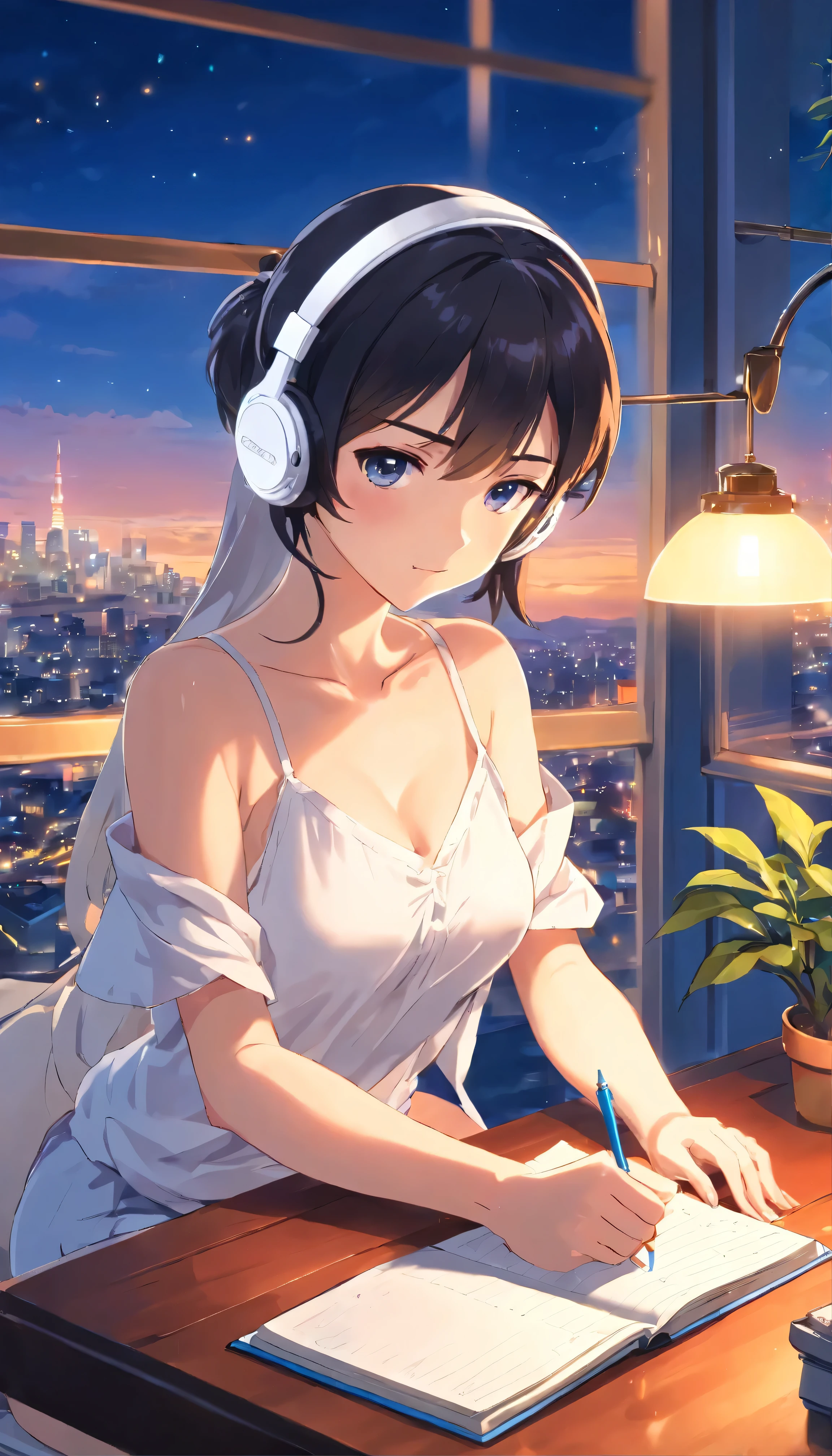 Anime girl, (wearing white headphones:1.4), sitting on a chair, (writing a diary:1.4), holding a pen in her right hand, short ponytail, black hair, 24 years old, wearing a white fitted and cropped camisole that exposes her midriff and reveals her shoulders and cleavage, (Exposed cleavage:1.2), ??????????? G-cup, (revealing skin:1.5), lofi girl anime vibes, lofi artstyle, anime style 4k, anime aesthetic, nightcore, lofi feel, lofi art, anime art wallpaper 4k, anime wallpaper 4k, lofi vibes, plants in the room, another hand grabs her cleavage, a lighted candle on the table, Tokyo view, city view, with a view of a large caldera, sunrise, anime style, cinematic lighting, Sony FE GM, masterpiece, best quality, 4K