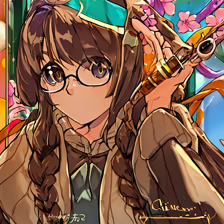 Cute girl with long brown hair and braids, ojos color lila y grandes senos 👓