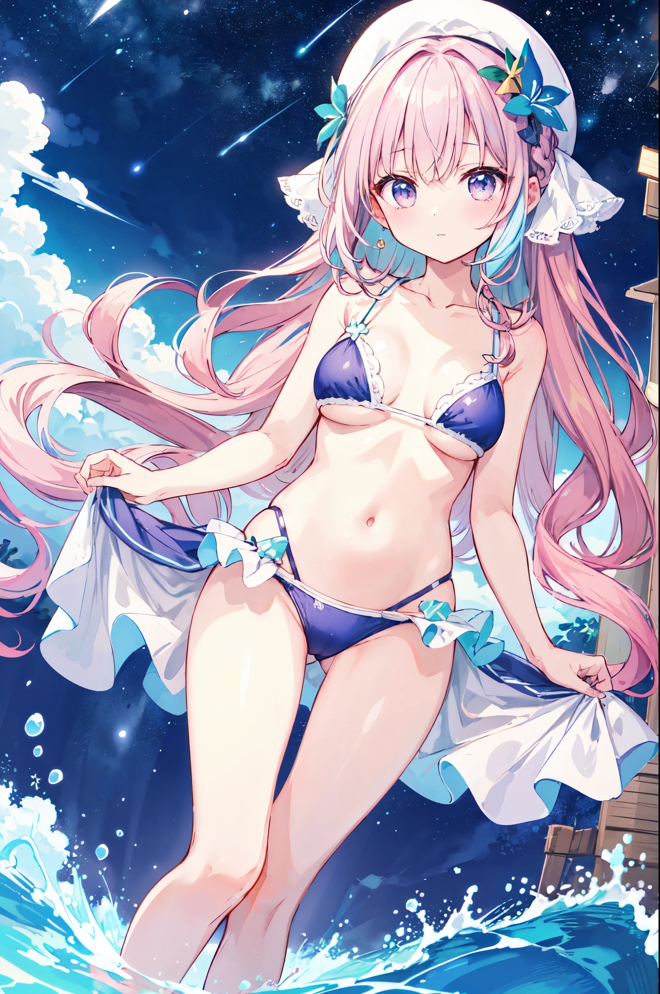 （masterpiece）、(highest quality)、((Super detailed))、(super delicate)、pastel colored hair、beautiful breasts、Eroi Bikini、Sea of night、fantastic starry sky