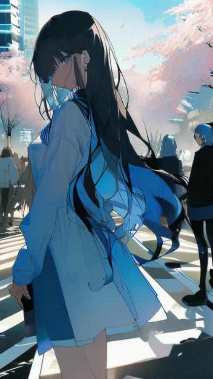 (4K works、(highest quality)、((Daytime city walk))、During a walk、korean woman、adult woman、sister、((Adult female 26 years old))、((Looks like Hyunjin))、cool woman、expensive、((wild look))、((strong eyes))、((expression of anger))、((Black long sleeve and long pants style))、((Adult Sweater Fashion))、((face becomes smaller))、because I&#39;thin、((bad girl))、(((Sky blue long hair))、((Photographed from the side diagonally))、((shot alone))、((solo photo))、((She is standing in the middle of the city))、((model pictures)),cherry blossoms,たくさんのcherry blossoms,clear