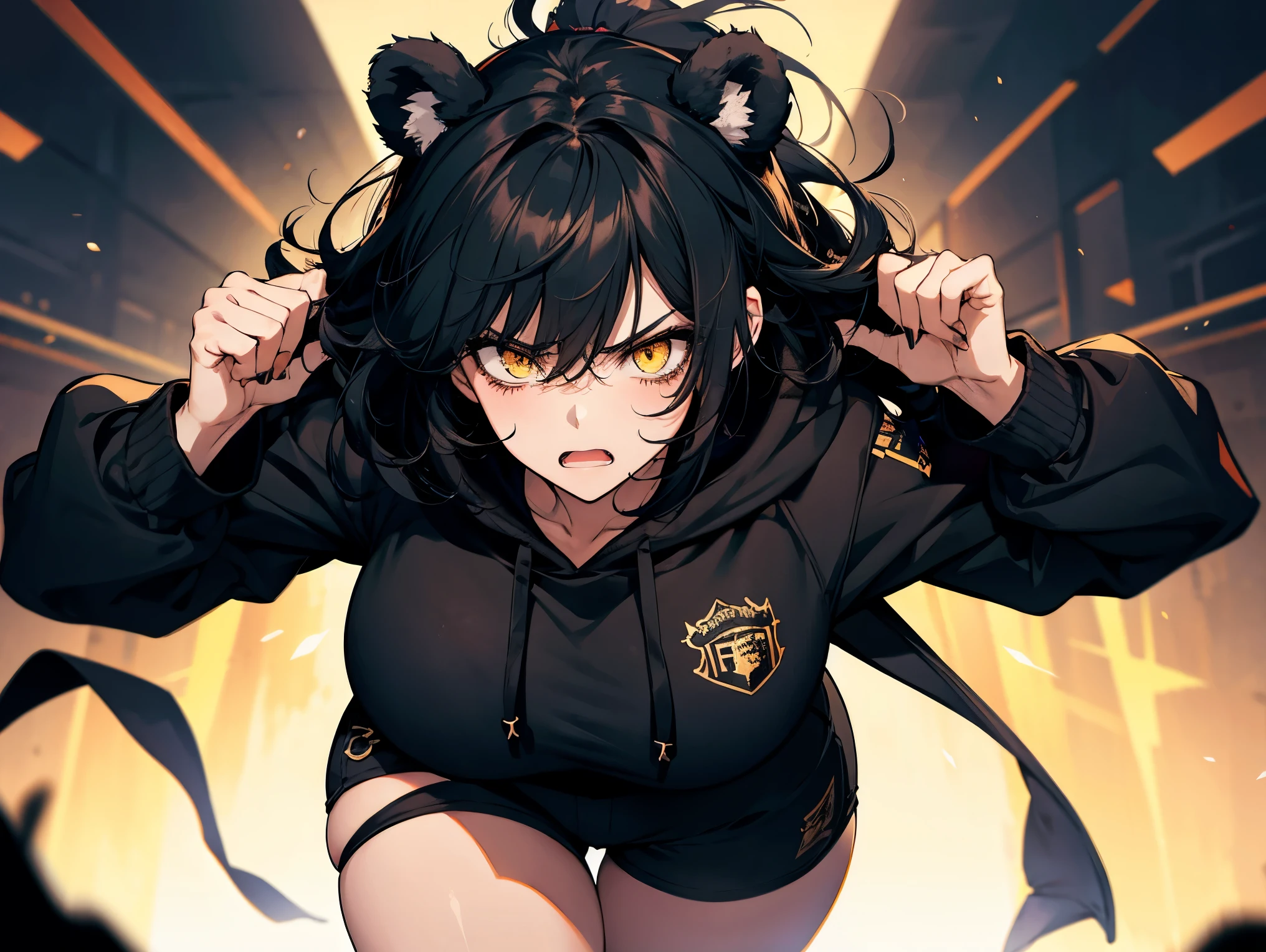 1 female, teacher, wear a black hoodie, bootyshorts, Thicc, black hair, long messy hair, Bear ears, Yellow eyes, face to detail, detailed eyes, the background is a dark room, angry,