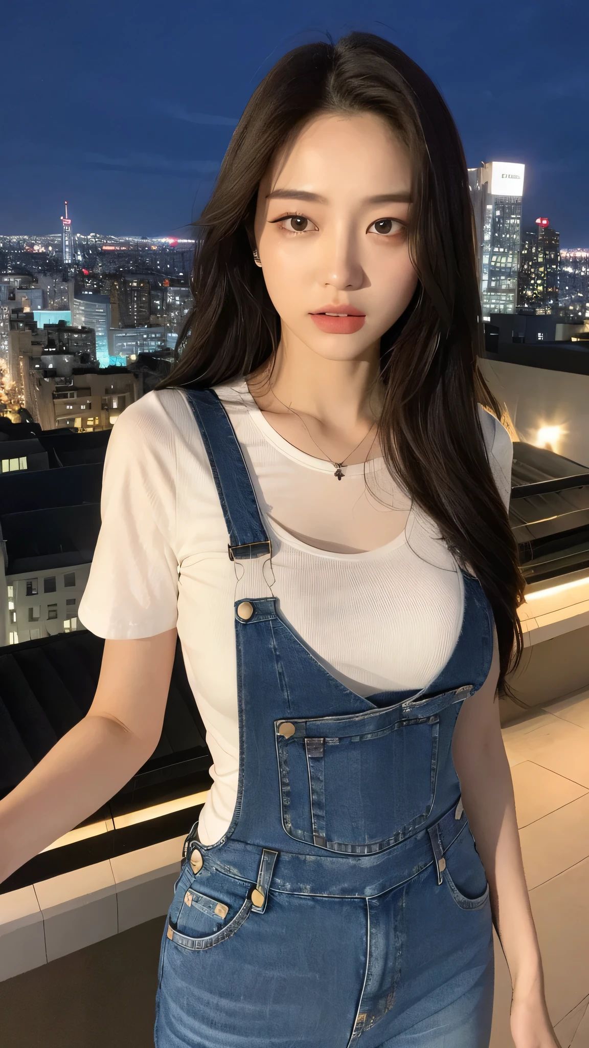 ((midnight, best quality, 8K, masterpiece :1.3)), whole body, long legs, sharp focus :1.2, beautiful woman,Perfect body :1.4, slim abs :1.1, ((Dark brown hair,huge breasts :1.2)), (White tight T-shirt, overalls jeans, permanent:1.2), ((city night view, roof:1.3)), Highly detailed facial and skin textures, delicate eyes, double eyelids
