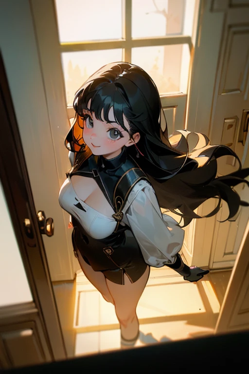 (software), masterpiece, highest quality, high resolution 64k, professional artwork, famous works of art, clean, cinematic lighting, beautiful eyes + detailed, beautiful hair + detailed, (cute young woman body:1.4), (cute little breasts), breastfeeding, Happy:1.3, smile:1.3, sexy gaze, sexy lips, floating hair,Anosilus II, ((TFG1:1.5)), indoors, doorway, door is open, From above