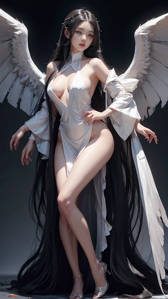 The devil has 12 wings on her shoulders.., wings burst from wings, have many wings, wings separated, Twelve wings rested on his shoulders.., have many wingsออกมาจากไหล่., Pure black and white wings, Realistic picture, highest resolution, 16k, A god with wide wings and enormous power on his shoulders..., wings overlapping wings on shoulders, wing, Bat Wings, Add dynamic wings, Beautiful girl with two meter long hair, my hair is very long, long black hair, extra long hair, striking long hair, Beauty that comes from long hair, long black hair, Long, flowing hair, Smooth white skin, Smooth white skin, shiny hair, very red lips, charming standing posture, big breasts, big breast, big breasts, The breasts are soft and fluffy.., Plump breasts, Plump breasts, eye-catching breasts, small waist, hips raised, small thighs, Long legs, Women who are 172 centimeters tall, perfect proportions, Anatomically correct, proportional anatomy, dynamic poses, Porn, bare, not wearing clothes, naked, ร่างกายbareเปล่า, saw a ghost, see tits, Body Reveal, Float in the air, dark sky backdrop, dark sky, See the whole body., like full body, Visible in every part of the body, back light