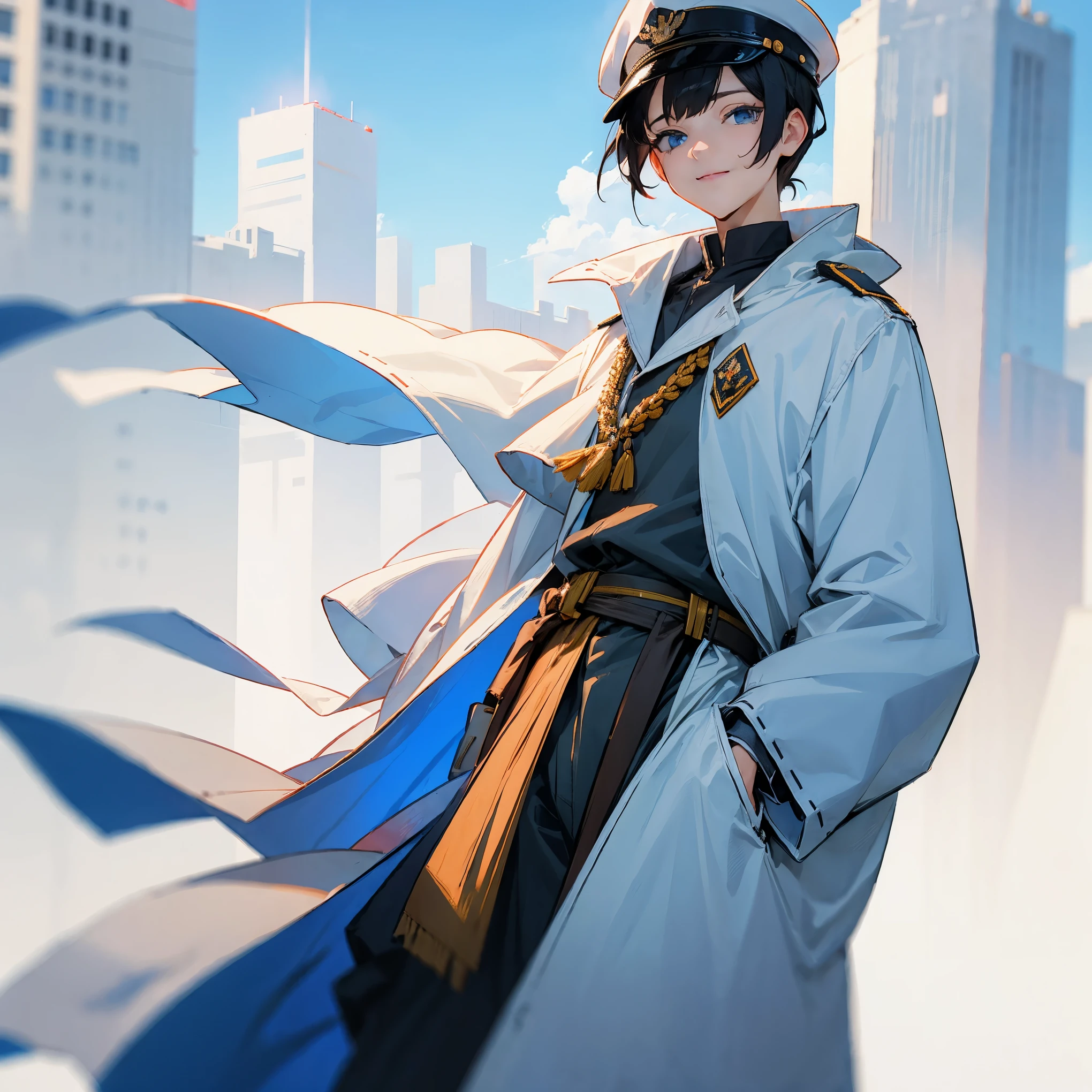 1female , White Military Officer Outfit , White Poncho , White Cap , Black Hair , Blue Eyes , Modern City Background , Young Male , Happy Expression , Sunny Day , Hands in pockets