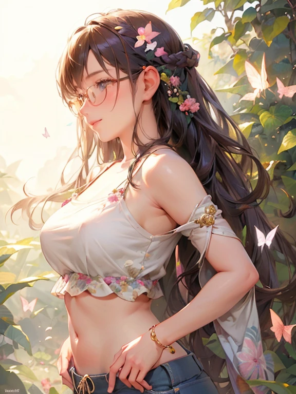 sideview, (best quality,highres,masterpiece:1.2),ultra-detailed,(realistic,photo-realistic:1.37),cute girl,round glasses, braid, bare shoulder, baggy crop top, under boob, shorts that shows off belly,beautiful eyes,luscious lips,fashionable outfit,trendy hairstyle,dynamic pose,vibrant colors,airy garden setting,soft sunlight,delicate flowers,butterflies fluttering around,happy and playful expression,warm and inviting atmosphere,Japanese aesthetic,sweet and innocent charm,playful and mischievous personality,radiant smile.