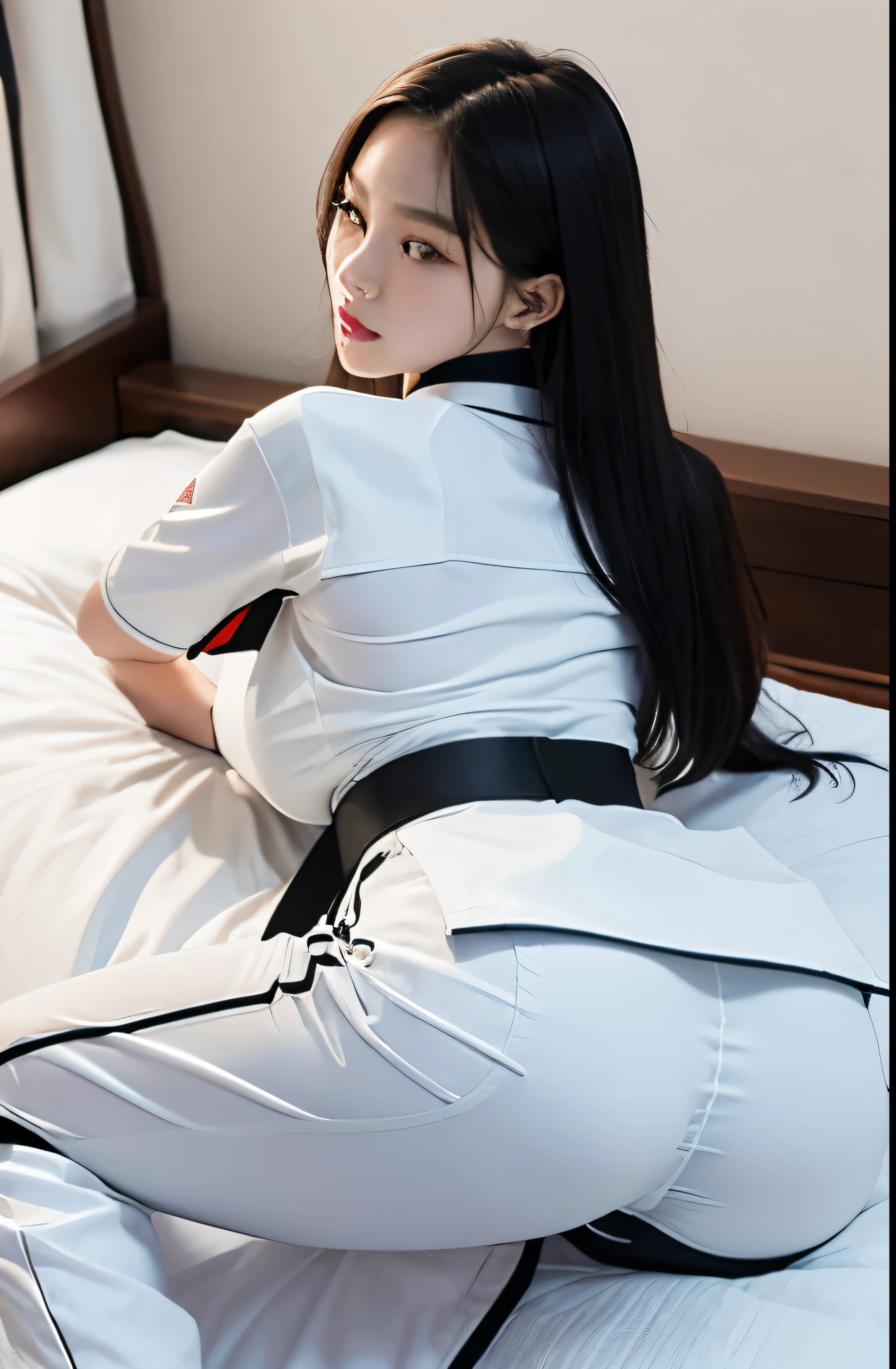 masterpiece, ultra details, best quality, 1 korean taekwondo girl, masterpiece, ultra details, best quality, black long straight hair, wearing white World Taekwondo Federation dobok with black collar v-neck, wearing taekwondo blackbelt, wearing white martial arts pants without pockets, large butt, large breasts, laying on hotel bed arching back and showing butt, sweating, seductive facial expression