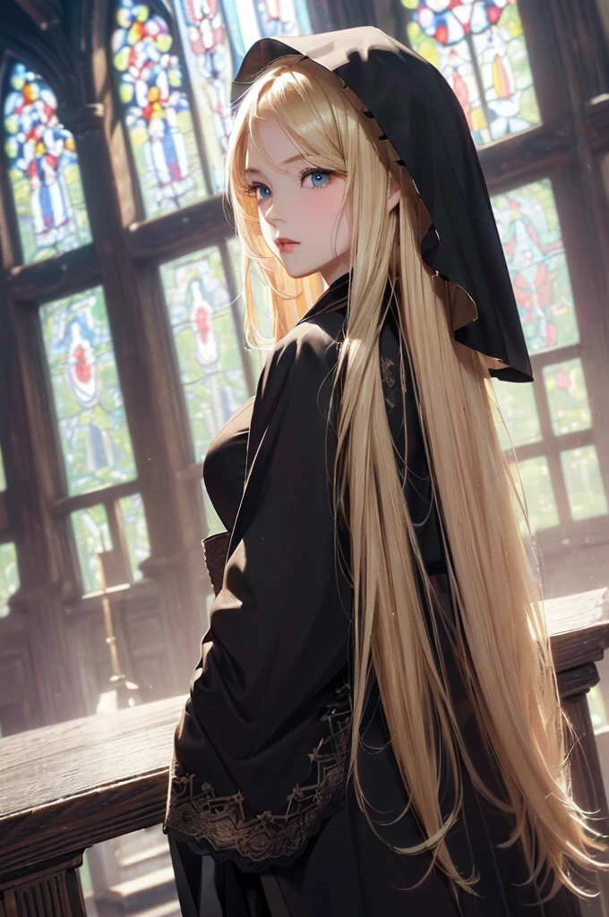 ((Extremely detailed CG unit 8k wallpaper, Masterpiece, high resolution, top quality)), (美丽的blond修女, hands in pockets:1.5, Wearing a black veil:1.4, Wearing black monk's robe:1.4, Wearing black tights:1.4), ((The facial details are particularly rich, Highly detailed dark eyes, Both eyes are the same color:1.2, Extra detailed body, High quality real texture skin)), (blond, hair length, white skinned), (Old Wood Church, Multicolored Glass:1.2), (high angle:1.2, super wide angle:1.3), Surreal, Digital painting,