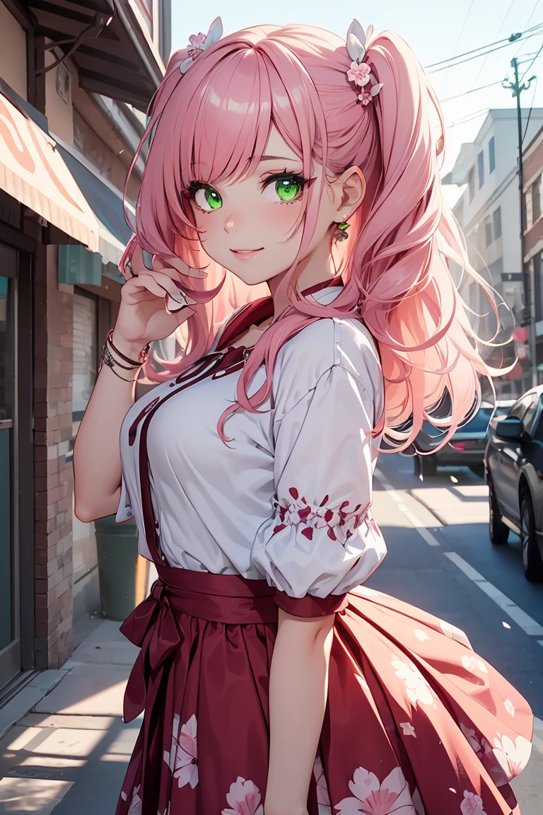((1 girl)), latest trend clothes,cherry blossoms並木, cherry blossoms, petals dance, Warm sunshine, brightly colored clothes, smile, pink and white clothes, skirt, Street fashion,cowboy shot,((Super detailed,highest quality, High resolution, 8k wallpaper, beautiful clothes,)),((pink hair, long hair,straight hair,two side up)) ,(glowing green eyes),eye shadow, eyeliner,Glow eye, highly detailed eyes, (Beautiful eyes with highlights), 18 year old girl.