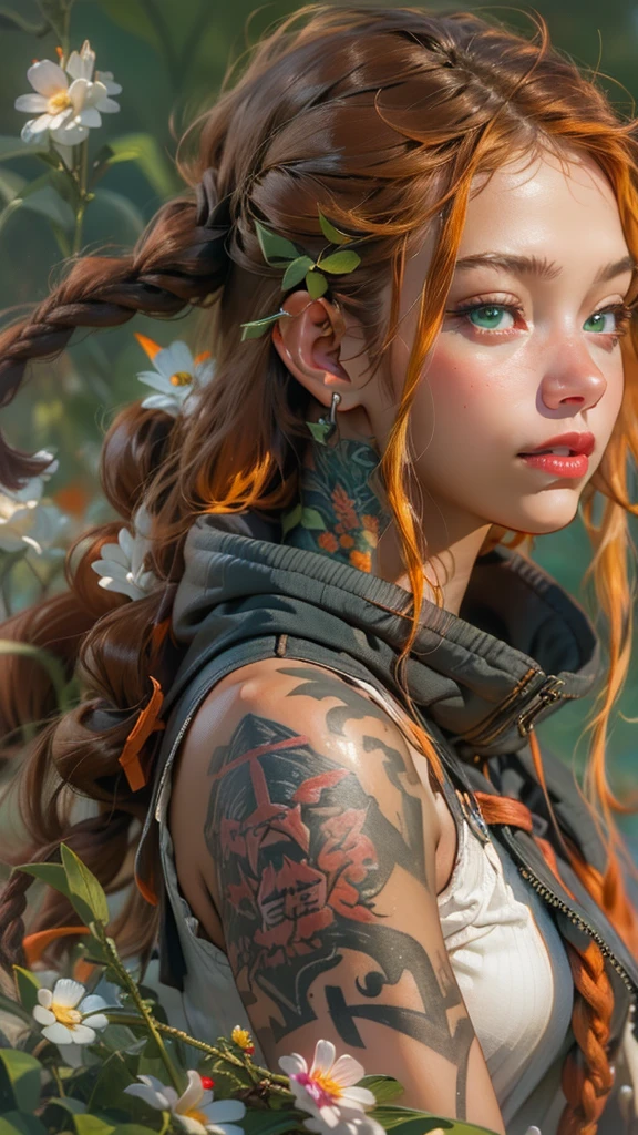 ((Create one girl 16+ years old.), (realistic), (masterpiece, Best quality), (1 elf), (1 girl), (sexy), (One, bangs, red dyed hair) (White armor cyber skulls), (long black tights with gloves)).((close-up), (standing at full height), (mysterious))_((Girl), (green:1.5, orange:1.1, white: 1.3, yellow:1.3))_((very sexy girl with dreadlocks), (tattoos), (naked parts of the body), (down jacket: 1.2), (jacket on a naked body, T-shirt, thong))_((Beautiful figure, half-turn 16+ years),(realistic)), ((small peach breasts, graceful figure, narrow waist, smooth hips)), ((long double braids),(tight braids),(braided hair), (dark hair)), ((red lips)), ((smile))_((Shiny skin:1.5, white skin, light skin: 1.5)), ((sexy), (cute ))_((fractals, Flowers, leaves, fog, lilies, circles background))_((Chiaroscuro, contrast, warm-cold), (atmosphere visualization), (best quality), (Virtual realism))_((Digital painting, anime style, cyberpunk), (best quality, 4k, high resolution, masterpiece: 1.2)), ((ultra-detailed)), ((realistic, photorealistic, photorealistic: 1.37))_((Soft clear shapes, broad strokes, attention to detail))_((High quality, 16K | Ultra HD | Full HD)).