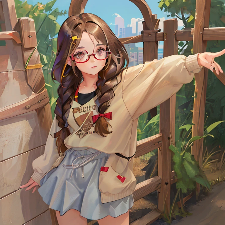Cute girl with long brown hair and braids, ojos color lila y grandes senos 👓