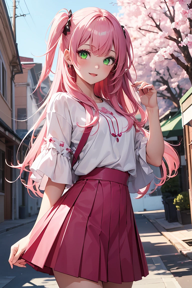 ((1 girl)), latest trend clothes,cherry blossoms並木, cherry blossoms, petals dance, Warm sunshine, brightly colored clothes, open your mouth and laugh, pink and white clothes, skirt, Street fashion,cowboy shot,((Super detailed,highest quality, High resolution, 8k wallpaper, beautiful clothes,)),((pink hair, long hair,straight hair,two side up)) ,(glowing green eyes),eye shadow, eyeliner,Glow eye, highly detailed eyes, (Beautiful eyes with highlights), 18 year old girl.