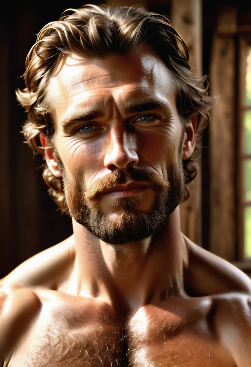(highly detailed, soft light, photorealistic, dynamic light; cinematic); victorian era; 1820s; 33 years old man; German; 1820s gentleman; leadership figure; strikingly handsome; confident and intensely alluring; wild man aesthetic; defined cheekbones; defined strong jawline; longer chin; handsome face; strapping; tough but romantically interested expression; intimate sexually-charged atmosphere; masculine face with several scars; charismatic; grizzled; sensual; strong aristocratic nose; manly passionate air; very attractive; burly broad stature; broad strong shoulders; ruddy weathered skin; long stubble beard; natural light-blue eyes; thick strong chestnut-brown eyebrows; carefully-shaped 1820s sideburns; fully naked hairy naked broad heavily muscled chest; short straight chestnut-brown hair in 1820's hairstyle; laying back on 1820s bed in a rustic 1820s log cabin; laying in a sexual inviting pose, displaying himself, offering sex; looking at camera