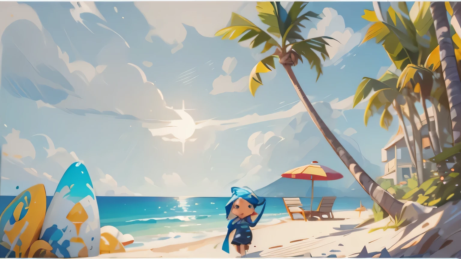 There is a cartoon character on the beach, stylized as impasto, Summer Unreal Engine 5, Epic Impasto Omolu, Thick paint stylized, Stylized thick painting, Video game screenshots in 2020, Detailed scene, Stylized digital illustration, sunny day,at the beach, Official screenshot, Cute thick coat