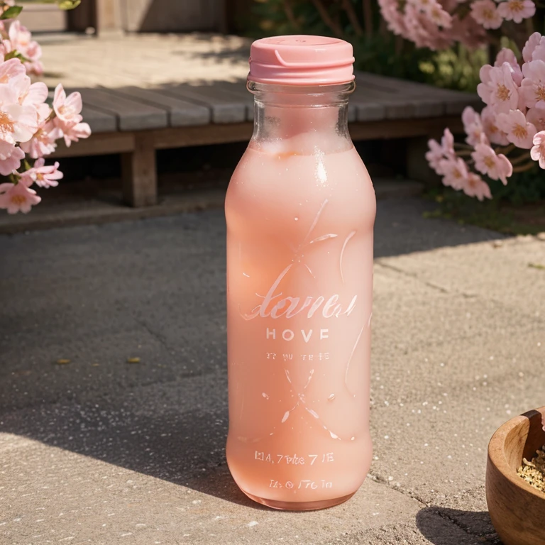 Clear! Here is a detailed description to help you get an AI image:

The image shows a cold juice bottle with a vibrant kawaii label that pops with pastel colors and adorable elements., como caricaturas de melocotones y flores de sakura. La botella lleva la marca "Refresh Beverages" in a modern and elegant typography. The liquid inside the bottle has a smooth, translucent hue that suggests a delicious peach and sakura flavor.. The label may also include images of peaches and sakura flowers to highlight the refreshing taste and aroma of the drink..