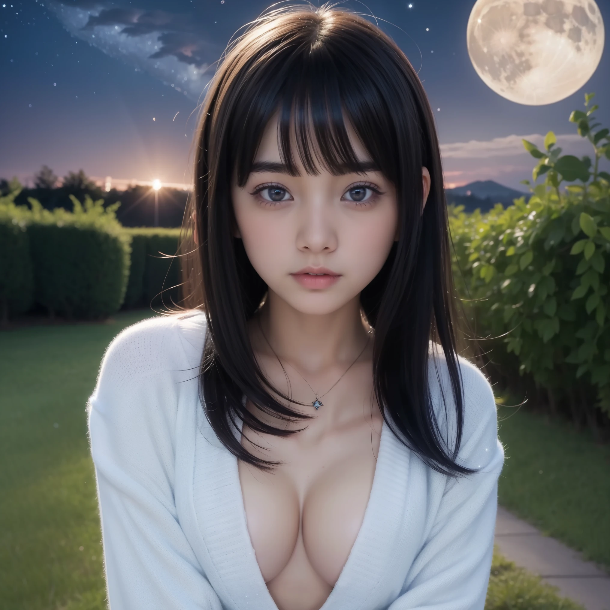 beautiful images、universe、fantasy、moon、shooting start or herd、age girl、black eye、hair is bob、cute face、starry sky、Japanese、high school girl、thunder、naked、cute breasts