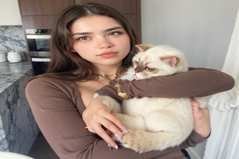 woman sosteniendo un gato in her arms in a kitchen, she is sosteniendo un gato in her arms, cerveza madison, with a small cat on his lap, olivia culpo, Dua Lipa, sosteniendo un gato, anastasia ovchinnikova, Retrato de Sophie Mudd, violeta myers, mejillas grandes sosteniendo a su gato, soft devil queen cerveza madison, anna nikonova aka new milkmaid