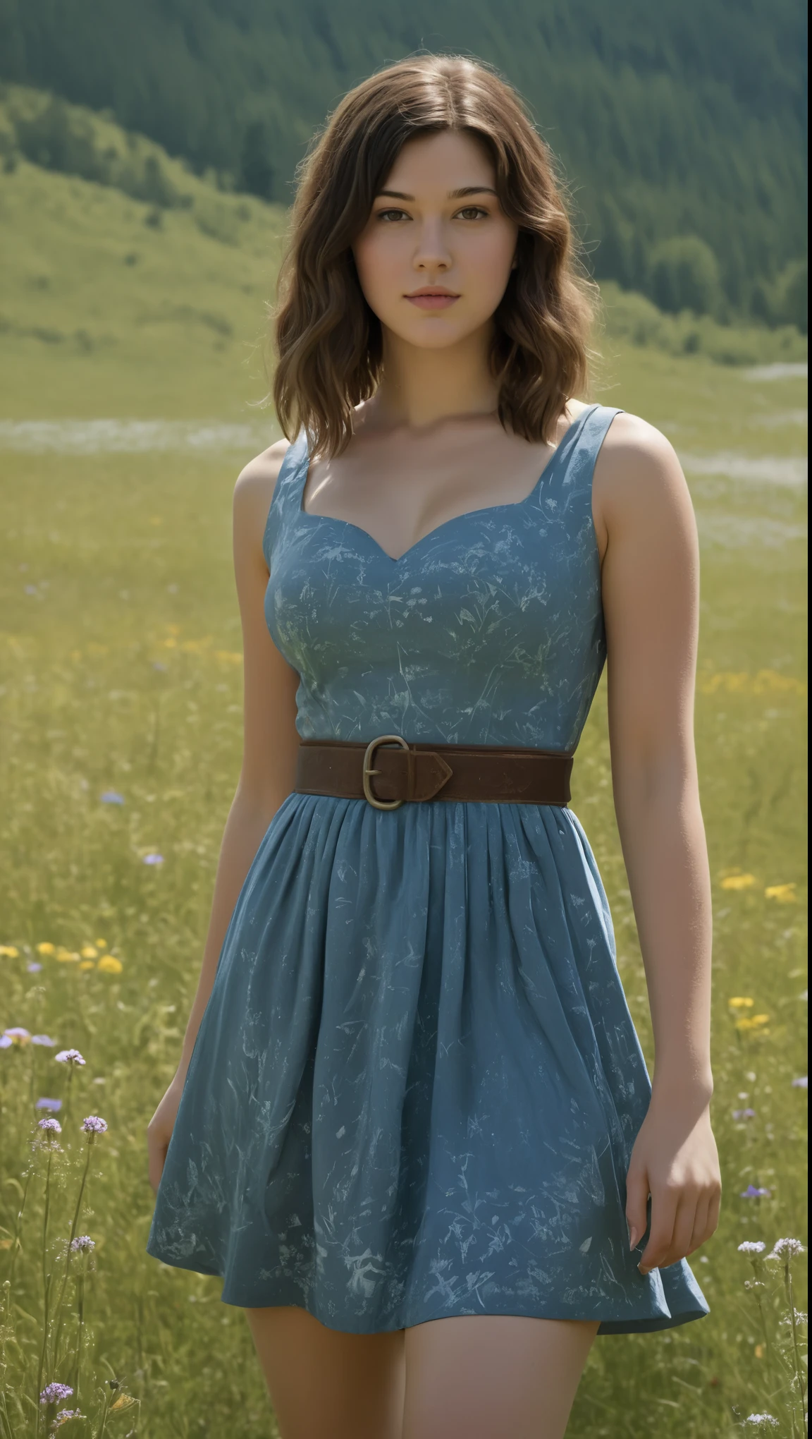 An illustrated movie poster, hand-drawn, full color, a Westerosi  girl, wearing a regal dress, resembles Mary Elizabeth Winstead, sun-tanned complexion, tall, athletic, hourglass figure, curvy, toned midriff, bottom-heavy, generous hips, massive bubble-butt, ridiculously thick powerful thighs, dark hair, long hair, waist-length hair, posing in a meadow of wildflowers, hard shadows, graphite shading, stencil marks, airbrushed acrylic paint, masterpiece, in the style of Skyrim