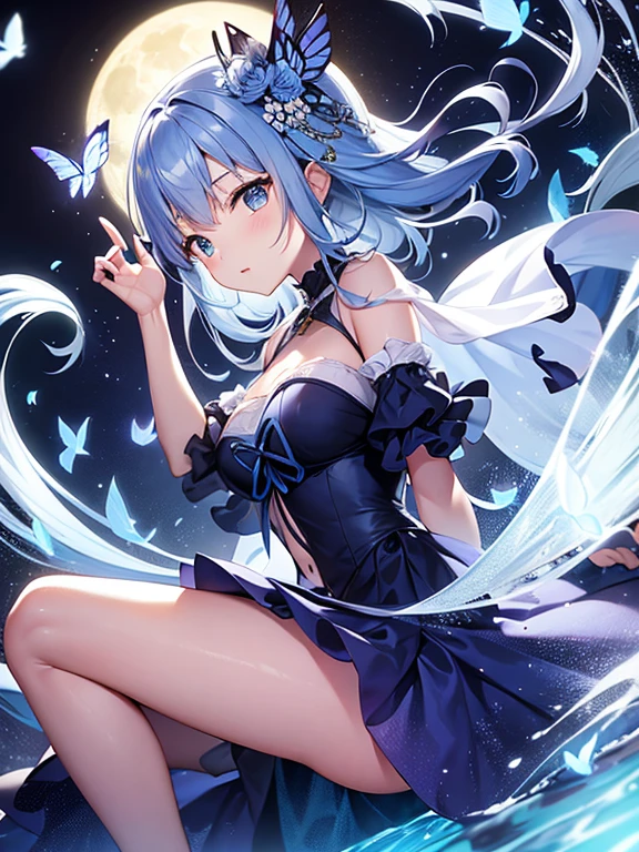 Light blue inner layer in hair、Gray hair on top、medium hair、cute、anime、beautiful girl、one piece、Mature、butterflies dance、moon