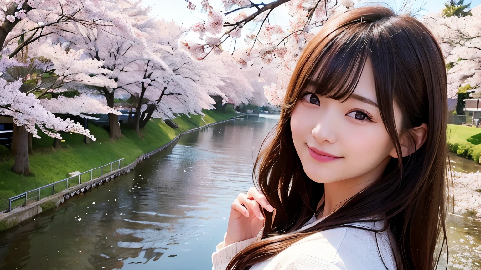 Highest image quality、realistic pictures、full shot、I can see the whole thing。Beautiful woman、clear、Pitiful、Mature twenty 、Cherry blossoms at night、love、smiling、Rows of cherry blossom trees along the river、Memories、calm atmosphere、fun night walk。