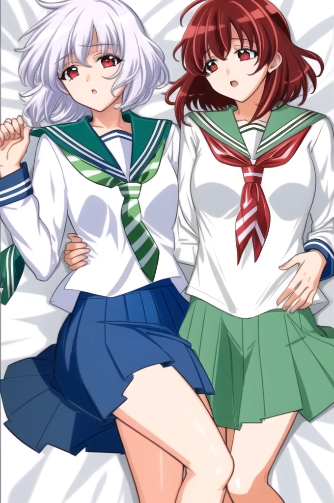 1girl, skinny, small breast, medium short fluffy hair, white hair, (red streaks hair), red eyes, serafuku, , white shirt, green sailor collar, long sleeves, neckerchief, green tie, green skirt, (blue stripes on sailor collar), lying in bed