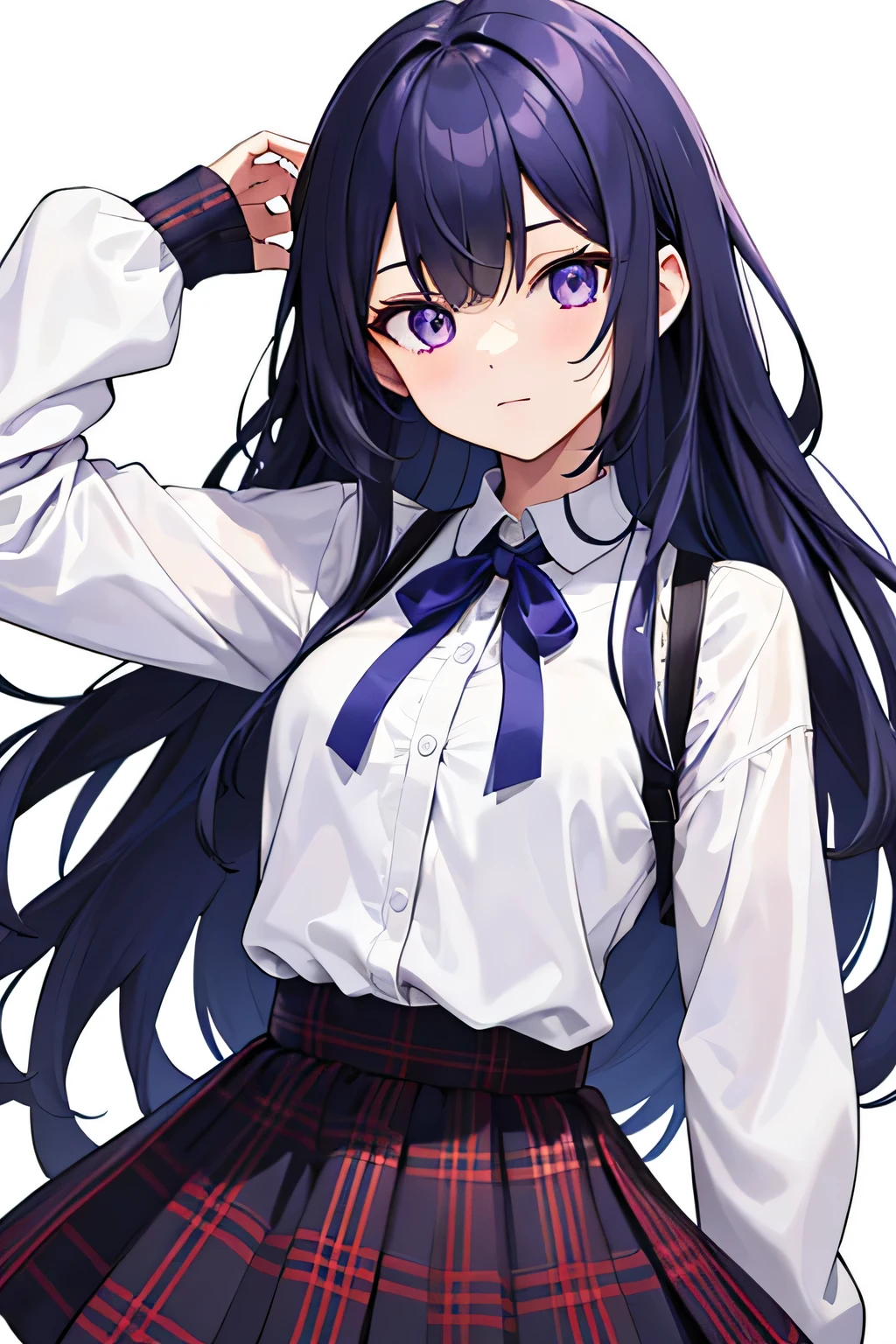 best quality, ultra-detailed,
1girl, solo, long hair, dark blue hair, violet eyes, bangs, white shirt, long sleeves, plaid skirt, ((white background without elements)), ((body complete)), ((center position)), (wide lens 2x), ((character still in the frame:1))