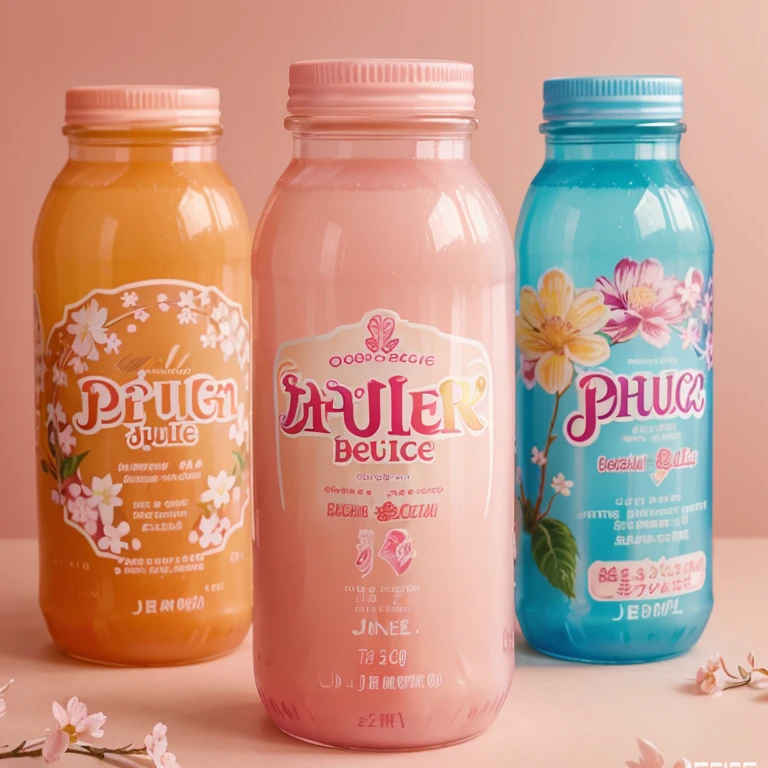 The image shows a plastic bottle of cold juice, llena de jugosos trozos de fruta real, con una etiqueta kawaii vibrante que resalta con colores pastel y elementos adorables, como caricaturas de melocotones y flores de sakura. La botella lleva la marca "Refresh Beverages" in a modern and elegant typography. The liquid inside the bottle has a smooth, translucent hue that suggests a delicious peach and sakura flavor.. The label may also include images of peaches and sakura flowers to highlight the refreshing taste and aroma of the drink..