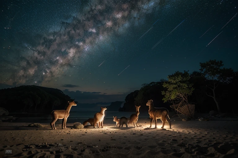 four animals that are on the island observing the stars in the background of the milky way