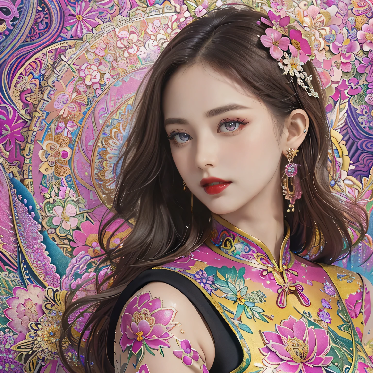 (masterpiece, top quality, best quality, official art, Beautiful and beautiful:1.2), (1 girl:1.3), Very detailed,(fractal art:1.1),(rich and colorful:1.1)(flowers:1.3),most detailed,(Zentangle:1.2), (dynamic poses), (abstract background:1.3), (cheongsam:1.2), (shiny skin), (Many colors:1.4), ,(earrings:1.4),