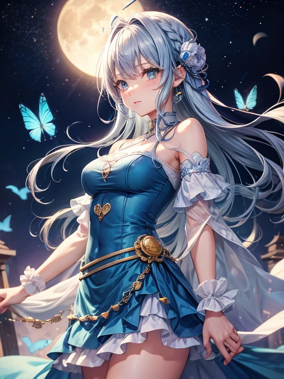Light blue inner layer in hair、Gray hair on top、medium hair、cute、anime、beautiful girl、one piece、Mature、butterflies dance、moon