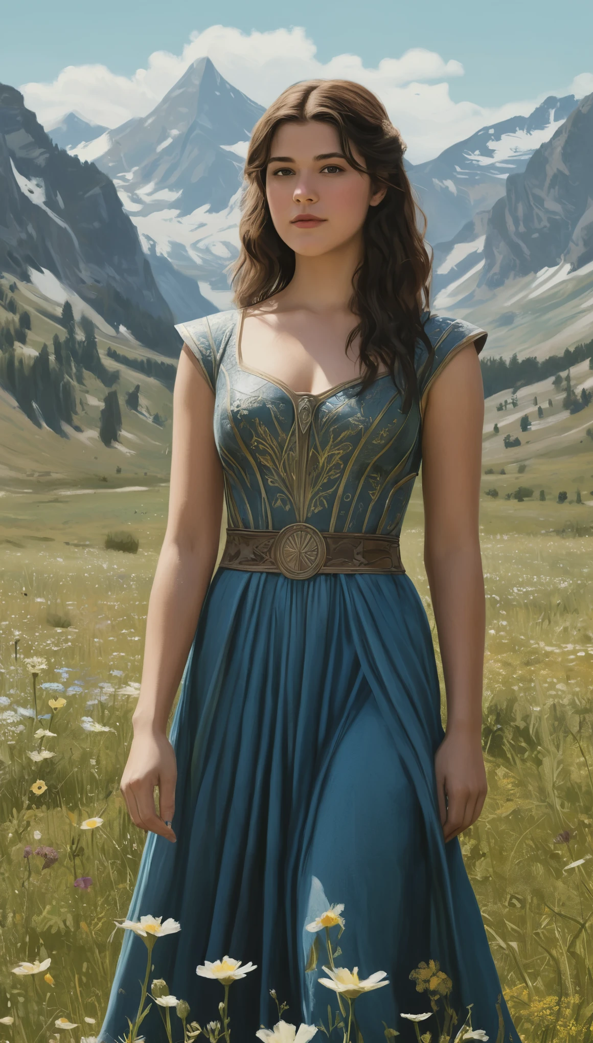 An illustrated movie poster, hand-drawn, full color, a Westerosi teen girl, wearing a regal dress, resembles Mary Elizabeth Winstead, sun-tanned complexion, tall, athletic, Amazonian figure, curvy, toned midriff, bottom-heavy, generous hips, massive bubble-butt, ridiculously thick powerful thighs, dark hair, long hair, waist-length hair, posing in a meadow of wildflowers, hard shadows, graphite shading, stencil marks, airbrushed acrylic paint, masterpiece, in the style of Skyrim