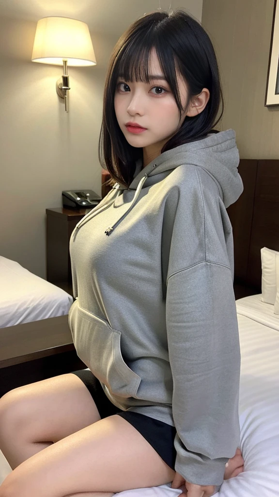 muste piece, best quality, illustration, Super detailed, fine details, High resolution, 8K,wall paper, perfect dynamic composition,(Details High quality, realistic depiction of eyes:1.3), (Oversized Light Gray Hoodie:1.2), Erotic Shorts, big breasts, short bob hair、black hair color, Big Natural Color Lip, bold sexy pose, (perfect body shape), crying a little、cold gaze, Harajuku style、20 year old girl、cute type、ta、beautiful legs, hotel room, gravure idol