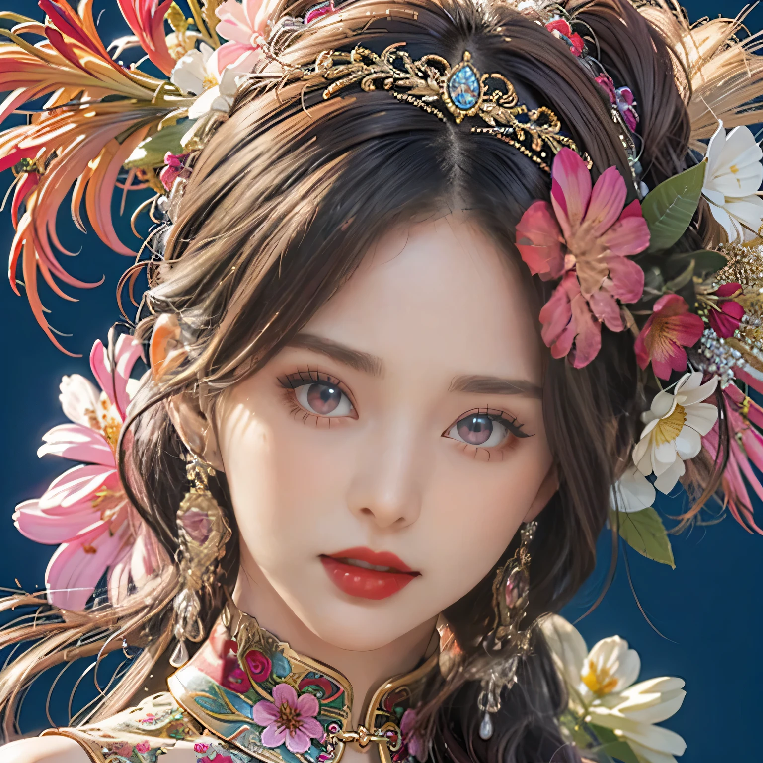 (masterpiece, top quality, best quality, official art, Beautiful and beautiful:1.2), (1 girl:1.3), Very detailed,(fractal art:1.1),(rich and colorful:1.1)(flowers:1.3),most detailed,(Zentangle:1.2), (dynamic poses), (abstract background:1.3), (cheongsam:1.2), (shiny skin), (Many colors:1.4), ,(earrings:1.4),