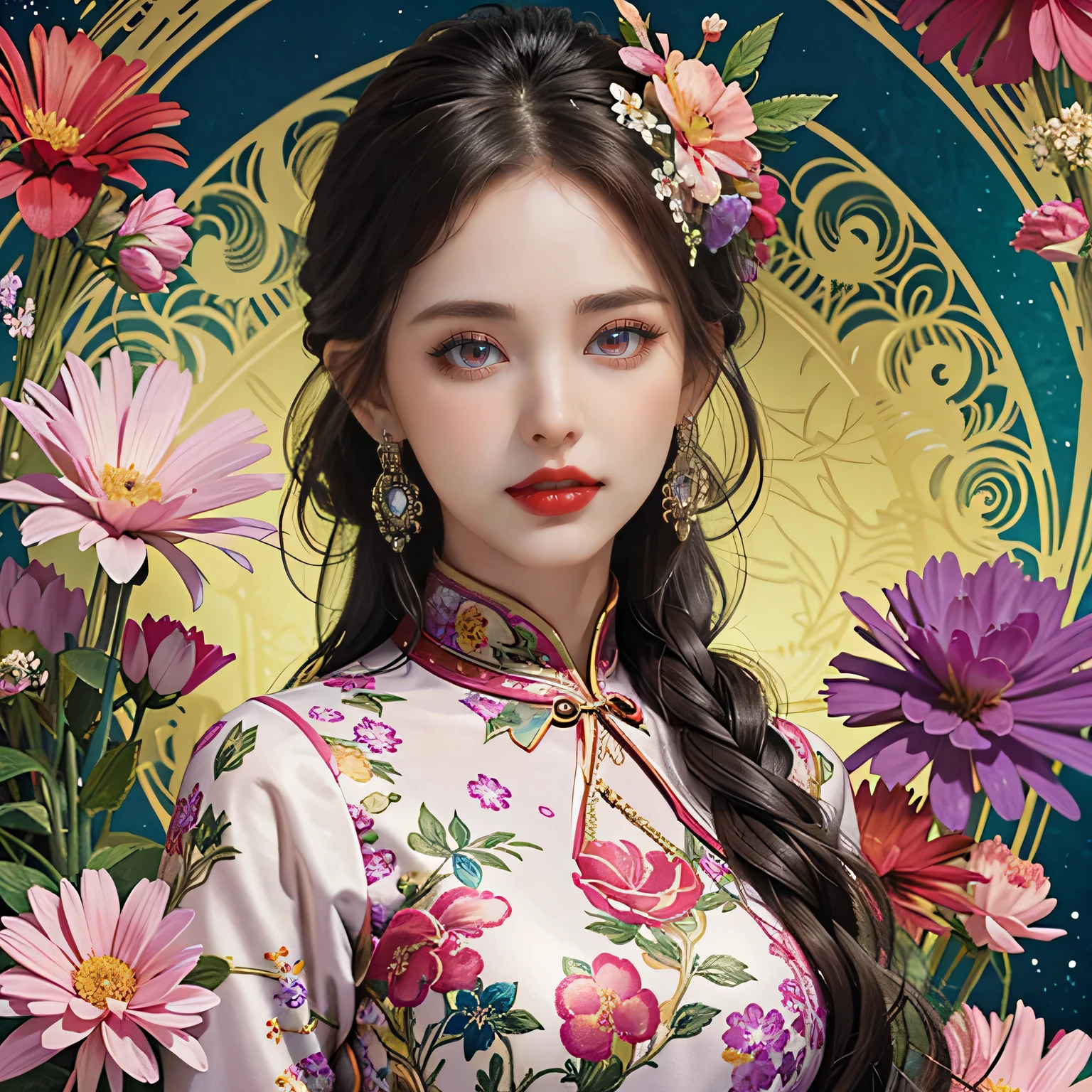 (masterpiece, top quality, best quality, official art, Beautiful and beautiful:1.2), (1 girl:1.3), Very detailed,(fractal art:1.1),(rich and colorful:1.1)(flowers:1.3),most detailed,(Zentangle:1.2), (dynamic poses), (abstract background:1.3), (cheongsam:1.2), (shiny skin), (Many colors:1.4), ,(earrings:1.4),