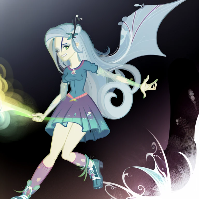 Derpy Hooves, Muffins, my little pony, human body, 2 hands, 2 legs, female, long fur, facing towards you, colorful socks, wearing a t-shirt and transparent skirt, spread wings, fluffy feathers, smiling, flying through A cascading waterfall that flows in all colors of the rainbow, surrounded by clouds and floating islands, hyper-detail, 3d illustration, high contrast, masterpiece, hyper-realism, best quality, fantasy art, magnificent, celestial, epic, majestic, magical