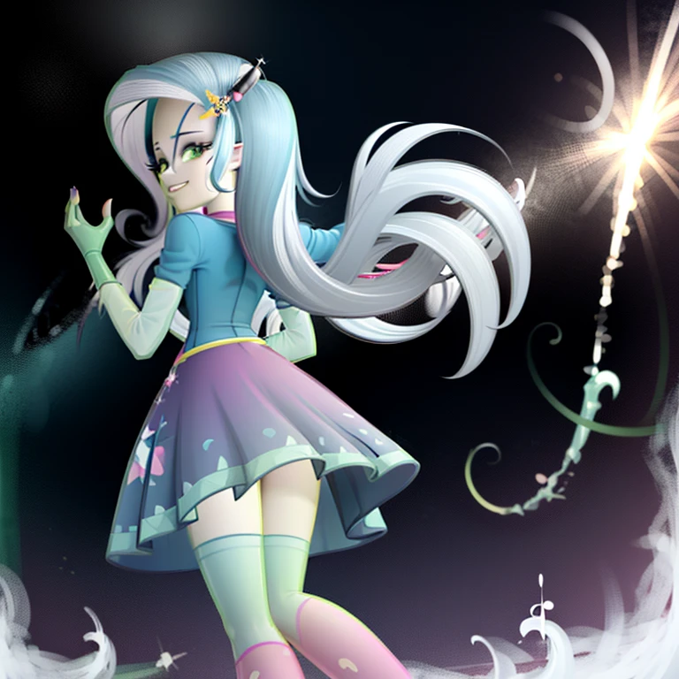 Derpy Hooves, Muffins, my little pony, human body, 2 hands, 2 legs, female, long fur, facing towards you, colorful socks, wearing a t-shirt and transparent skirt, spread wings, fluffy feathers, smiling, flying through A cascading waterfall that flows in all colors of the rainbow, surrounded by clouds and floating islands, hyper-detail, 3d illustration, high contrast, masterpiece, hyper-realism, best quality, fantasy art, magnificent, celestial, epic, majestic, magical
