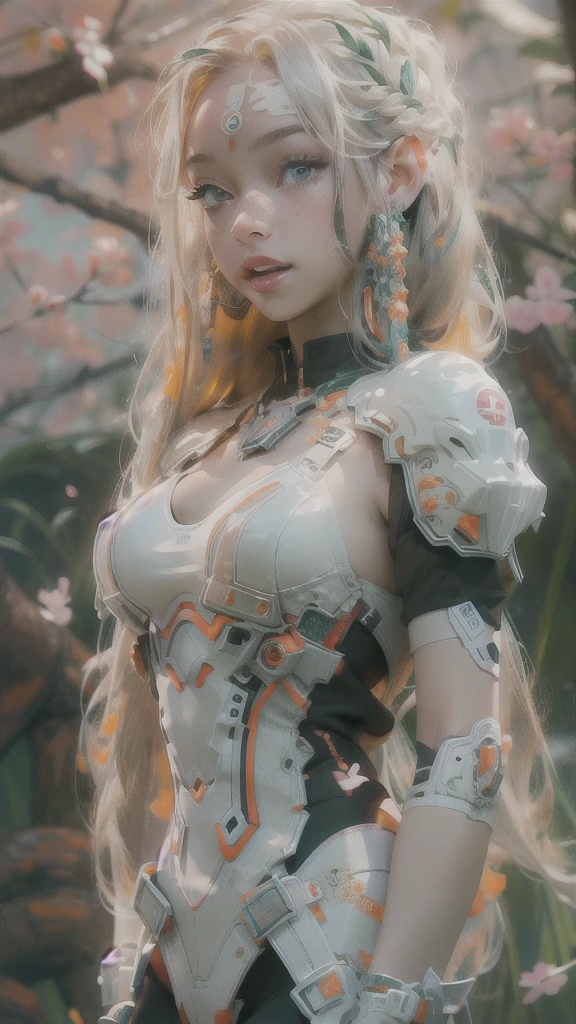 ((Create one girl 16+ years old.), (full height), (masterpiece, Best quality), (1 elf), (1 girl), (sexy), (One, bangs, dyed red hair) (White armor cyber skulls), (long black tights with gloves), (stands upright), (mysteriously))_((green:1.5, orange:1.1, white: 1.3, yellow:1.3))_ ((very sexy girl with dreadlocks, tattoos, bare parts of the body), (down jacket: 1.2, on the naked body, T-shirt, thong))_((Beautiful figure, half a turn 16+ years old) ,(realistic)), ( (small peach breasts, graceful figure, narrow waist, smooth hips), (long double braids), (tight braids), (braided hair), (dark hair), (red lips), (smile))_ ((Shiny skin :1.5, white skin, light skin: 1.5)), ((sexy), (cute))_((Fractals, lights, leaves, fog, cherry blossoms, circles background))_((Chiaroscuro, contrast , warm-cold), (atmospheric visualization), (best quality), (Virtual realism))_((Digital painting, anime style, cyberpunk), (best quality, 4k, high resolution, masterpiece: 1.2))((ultra detail ), (realistic, photorealistic, photorealistic: 1.37))_((Soft clear shapes, broad strokes, attention to detail))_((High quality, 16K | Ultra HD | Full HD)).