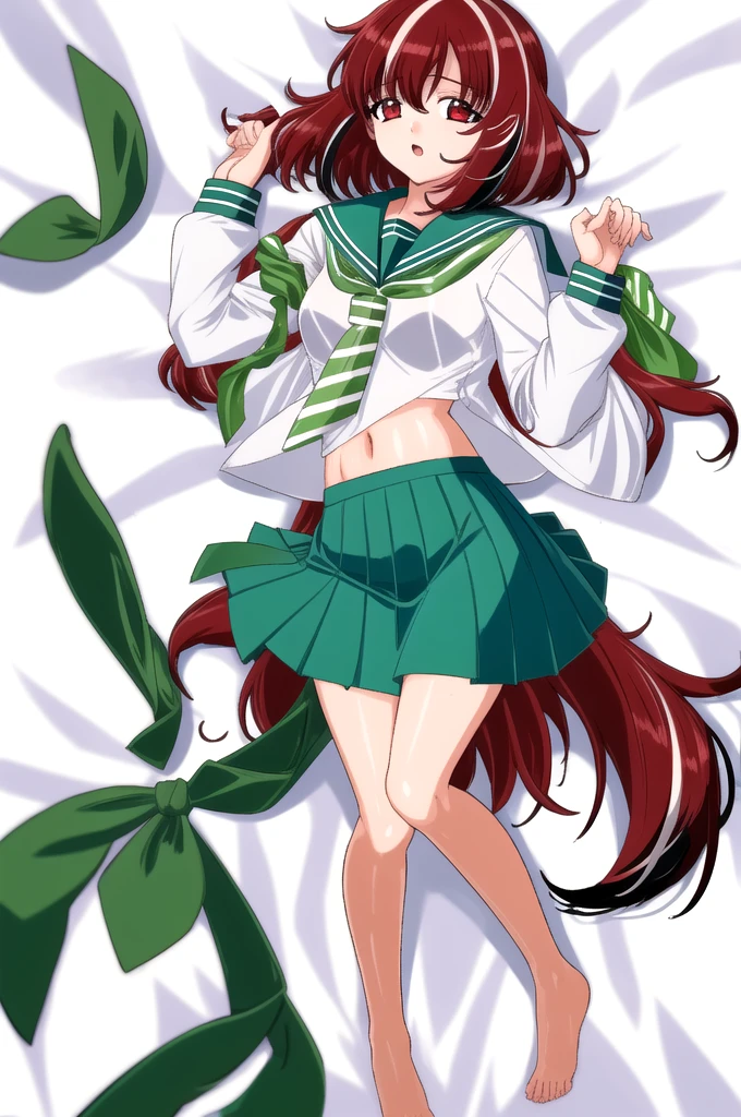 1girl, skinny, small breast, medium short fluffy hair, white hair, (red streaks hair), red eyes, serafuku, , white shirt, green sailor collar, long sleeves, neckerchief, green tie, green skirt, (blue stripes on sailor collar), lying in bed, full body, sexy