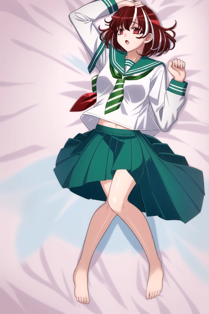 1girl, skinny, small breast, medium short fluffy hair, white hair, (red streaks hair), red eyes, serafuku, , white shirt, green sailor collar, long sleeves, neckerchief, green tie, green skirt, (blue stripes on sailor collar), lying in bed, full body, sexy