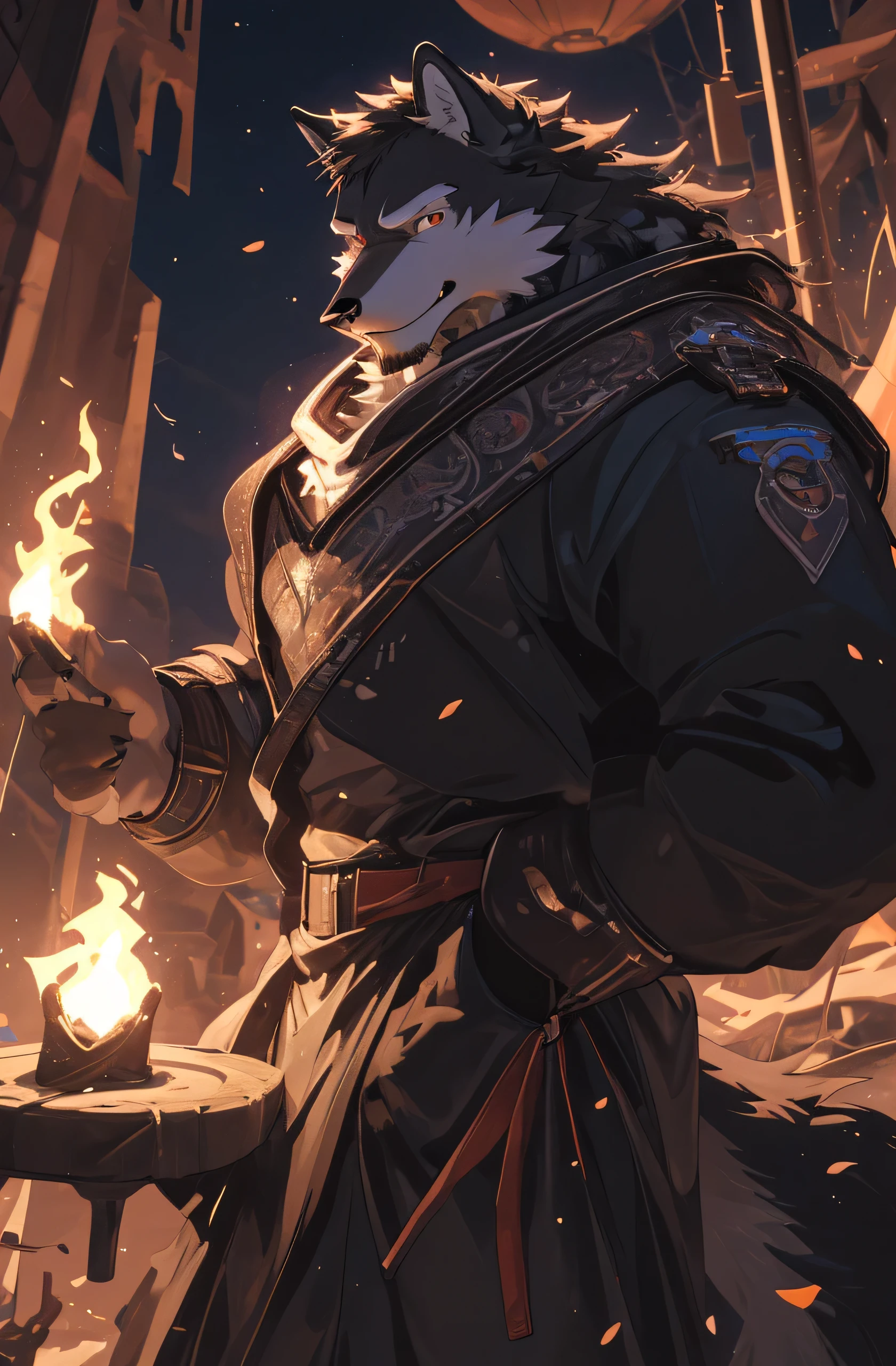(best quality,high resolution,masterpiece:1.2),furry,wolf,male,pouring rain,detailed,photorealistic golden eyes,a wolf with all-black fur,HDR,menacing,savage,scar on the face,futuristic technology,smiling,sci-fi city background,perfect muscles
