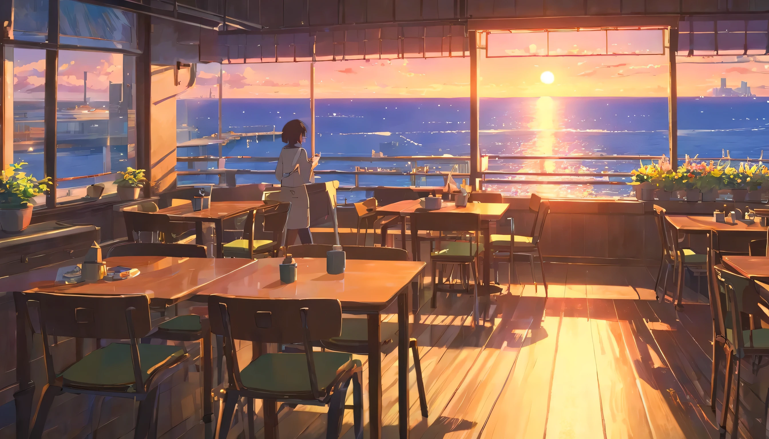 A cafe where piano jazz plays， dream, please wear headphones, analog color theme, lo-fi hip hop , retrospective, flat, 2.5D ,Draw a line, ink painting, Osaka road, watercolor painting, gouache color, studio ghibli style, very colorful, outerton, Krautlock, Lofiato,old texture, amplitude,Psychedelic atmosphere, masterpiece, Technology of Wonders,on the bed，Darken the room，Beautiful sunrise over the ocean outside the window