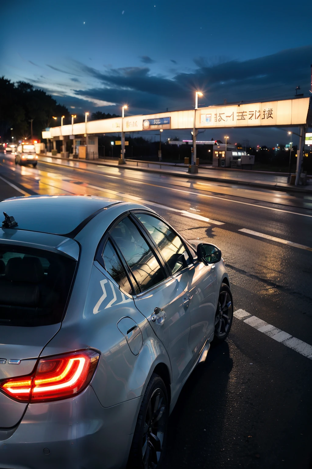 Highway toll booth at night，QR code appears on the car&#39;s B-pillar display，Female drivers can pay to pass without getting out of the car
