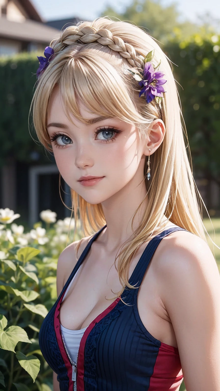 ((最high quality, 8K, masterpiece: 1.3, Ultra HD, high quality, 最high quality, High resolution, realism)) 、A 22-year-old extremely beautiful white woman、Her hair color is platinum blonde、blue eyeedium hair、straight hair、The hair is shiny、The skin is lustrous、smile、Slender but well-proportioned muscular body、Athlete-like body type、I don't want my head to disappear from the screen.、Wearing accessories on your wrist、Wearing red nail polish、I have a peticure、English house with garden、gardening、anatomically correct、((anatomically correct))、Ultra high definition((UHD))、textured skin((textured skin))、very detailed((super detail))、high detail((high details))、hair flower((hair flower))