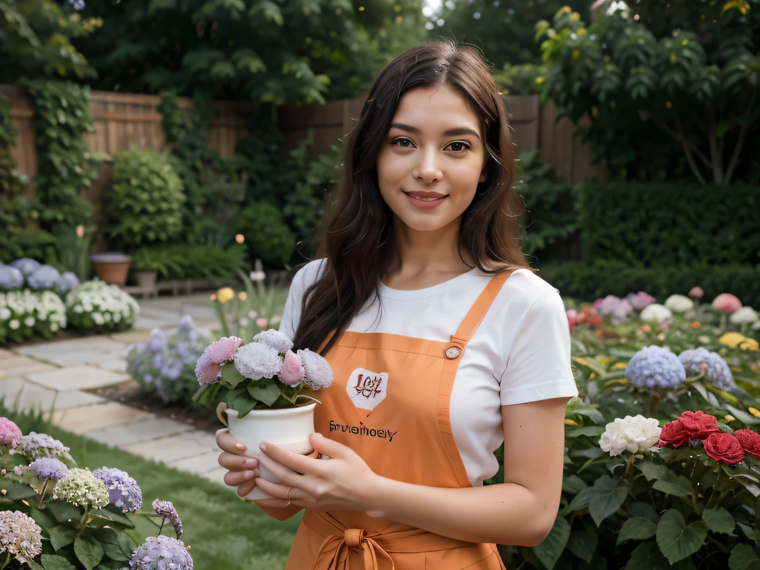 Super realistic, a woman in a garden with hydrangeas, roses, Begonia grandis, black long hair, gentle smile, perfect face, wearing orange colour gardening apron and t-shirt, holding a pot of daisy, masterpiece, 