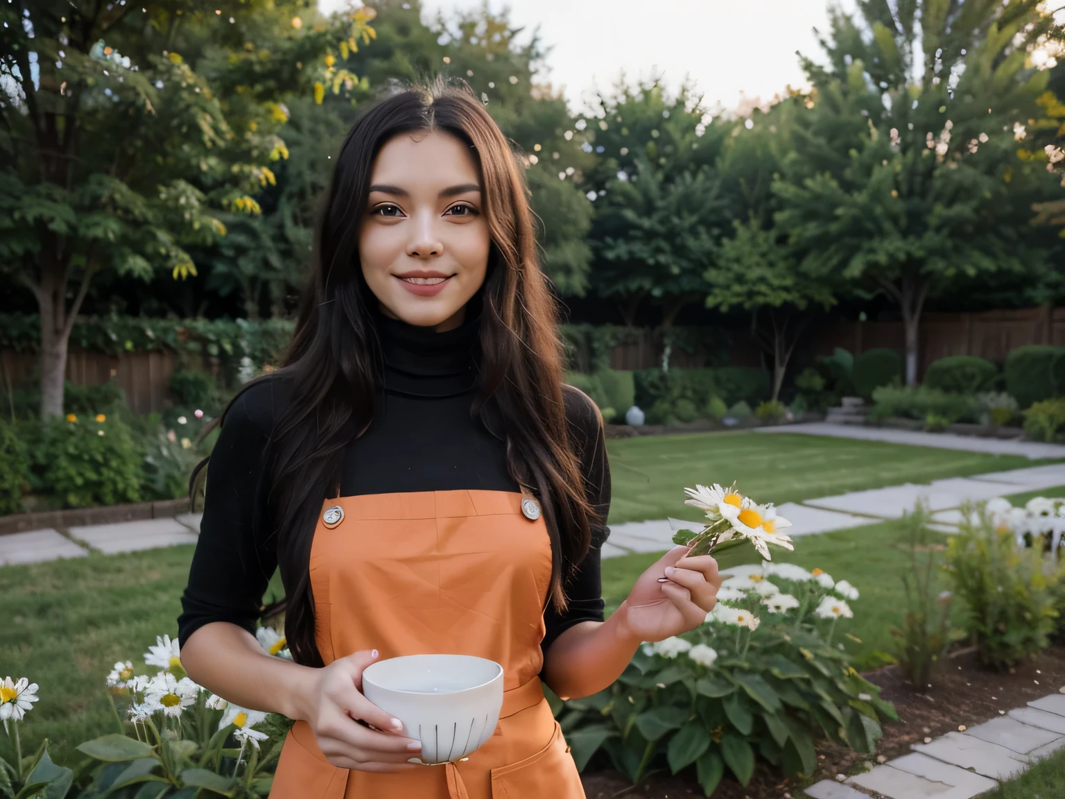 Super realistic, a woman in a beautiful garden with variety of flower, black long hair, gentle smile, perfect face, wearing orange colour gardening apron and turtleneck t-shirt, holding a pot of beautiful daisy, masterpiece, 