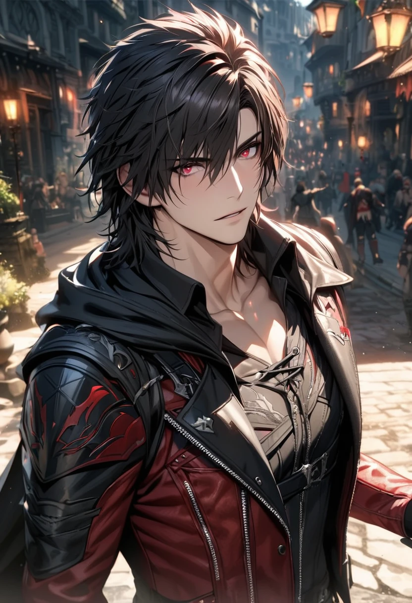absurdres, highres, ultra detailed, HDR), masterpiece, best quality, Requiem, clive rosfield, black spiky medium hair, hair between the eyes, vibrant red eyes, Final fantasy xv, 1man, handsome, magical town, red leather jacket, black leather shirt, black cape