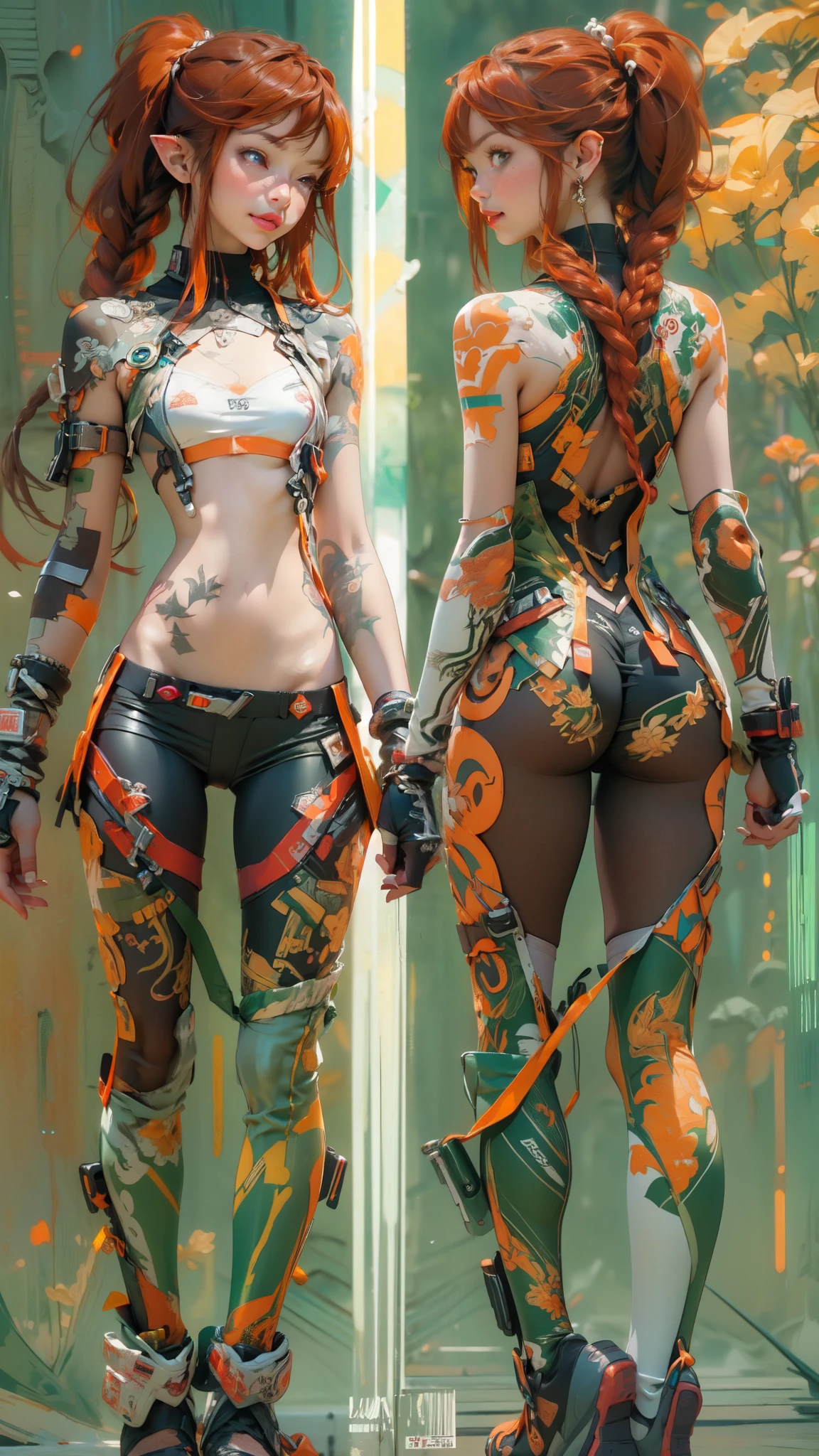 ((Create one girl 16+ years old.), (full height), (masterpiece, Best quality), (1 elf), (1 girl), (sexy), (One, bangs, dyed red hair) (White armor cyber skulls), (long black tights with gloves), (stands upright), (mysteriously))_((green:1.5, orange:1.1, white: 1.3, yellow:1.3))_ ((very sexy girl with dreadlocks, tattoos, bare parts of the body), (down jacket: 1.2, on the naked body, T-shirt, thong))_((Beautiful figure, half a turn 16+ years old) ,(realistic)), ( (small peach breasts, graceful figure, narrow waist, smooth hips), (long double braids), (tight braids), (braided hair), (dark hair), (red lips), (smile))_ ((Shiny skin :1.5, white skin, light skin: 1.5)), ((sexy), (cute))_((Fractals, lights, leaves, fog, cherry blossoms, circles background))_((Chiaroscuro, contrast , warm-cold), (atmospheric visualization), (best quality), (Virtual realism))_((Digital painting, anime style, cyberpunk), (best quality, 4k, high resolution, masterpiece: 1.2))((ultra detail ), (realistic, photorealistic, photorealistic: 1.37))_((Soft clear shapes, broad strokes, attention to detail))_((High quality, 16K | Ultra HD | Full HD)).