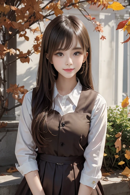 masterpiece、8K、32k、highest quality、(detailed eye)、(cute japanese woman、bangs)、23 years old、1 girl、elegant、(Detailed background depiction、Portrait:1.2)、(suspender skirt)、(yellow fallen leaves:1.3)、cowboy shot、smile