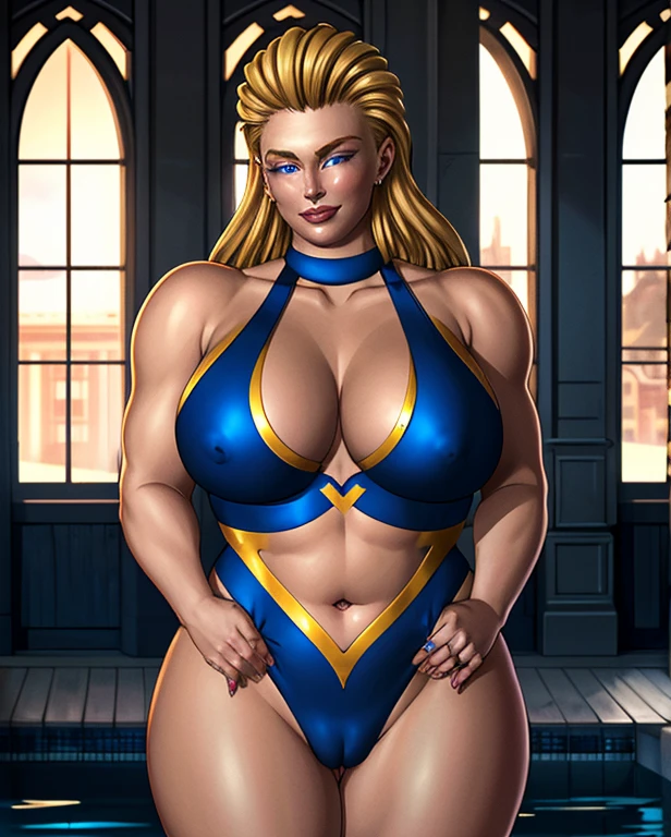 (intricately detailed, highest quality, High resolution, highly detailed skin:1.4), (motherly smile:1.1), looking at the viewer, outdoor scene, grassland, m4rytbl, (chubby woman:1.8, big breasts, blue eyes,lips, (Long blond hair slicked back:1.3),  exposed chest,exposed shoulders( Fenestration:1.2),thick thighs,Blue sexy swimsuit