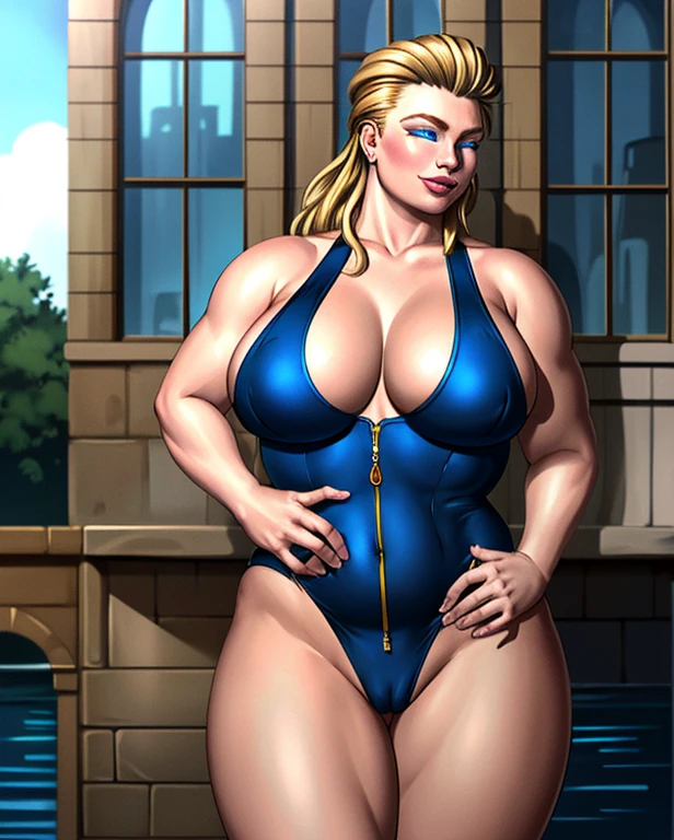 (intricately detailed, highest quality, High resolution, highly detailed skin:1.4), (motherly smile:1.1), looking at the viewer, outdoor scene, grassland, m4rytbl, (chubby woman:1.8, big breasts, blue eyes,lips, (Long blond hair slicked back:1.3), exposed chest,exposed shoulders( Fenestration:1.2),thick thighs,Blue sexy swimsuit
